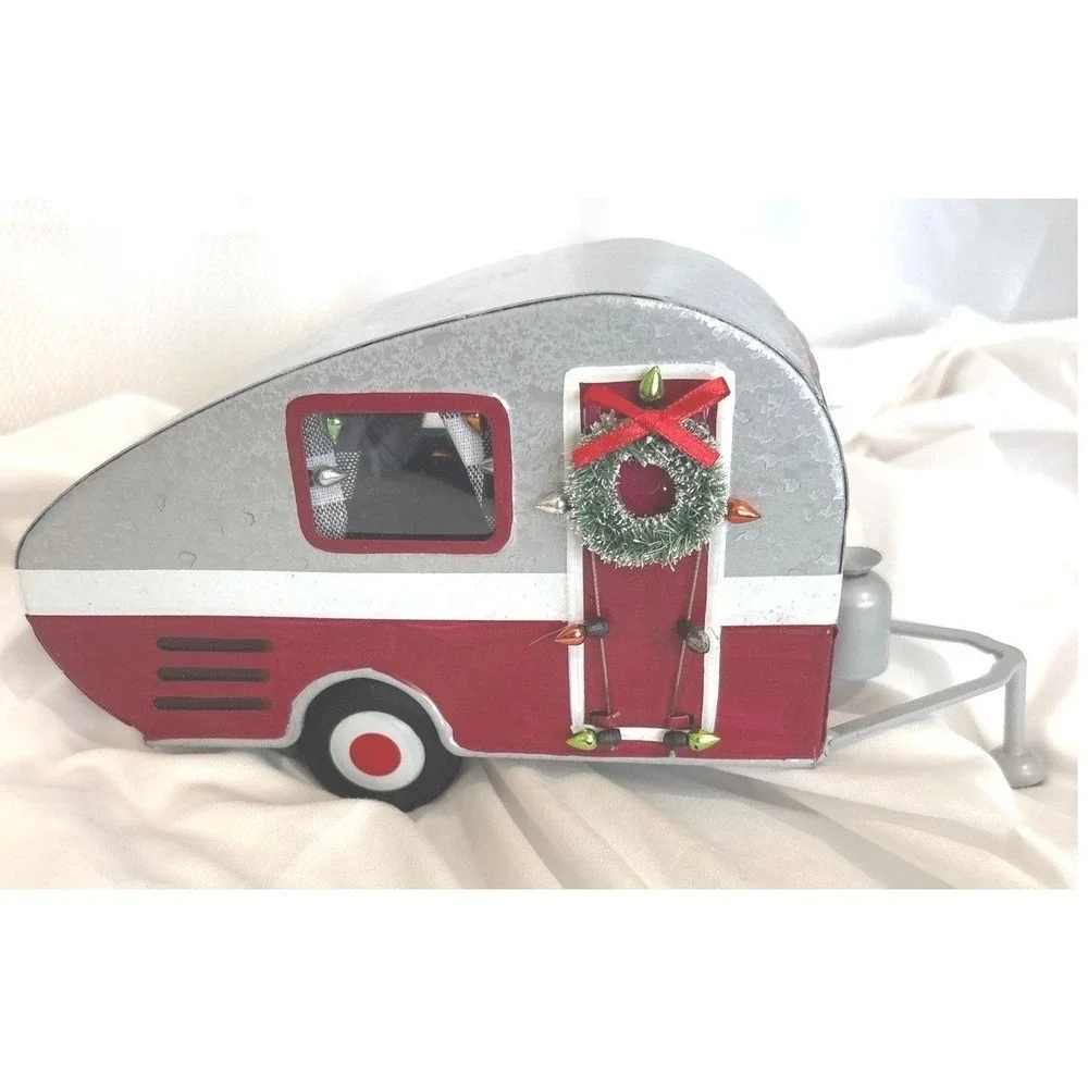 Christmas Galvanized Metal‎ Teardrop Camper Trailer Red Silver Holiday Decor